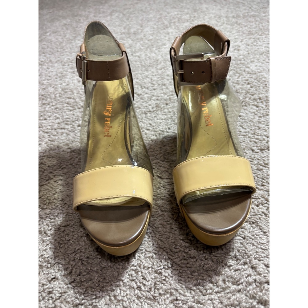 Luxury Rebel Fern Nude Tan Patent Leather Wood Platform Block Heel Sandals 37M